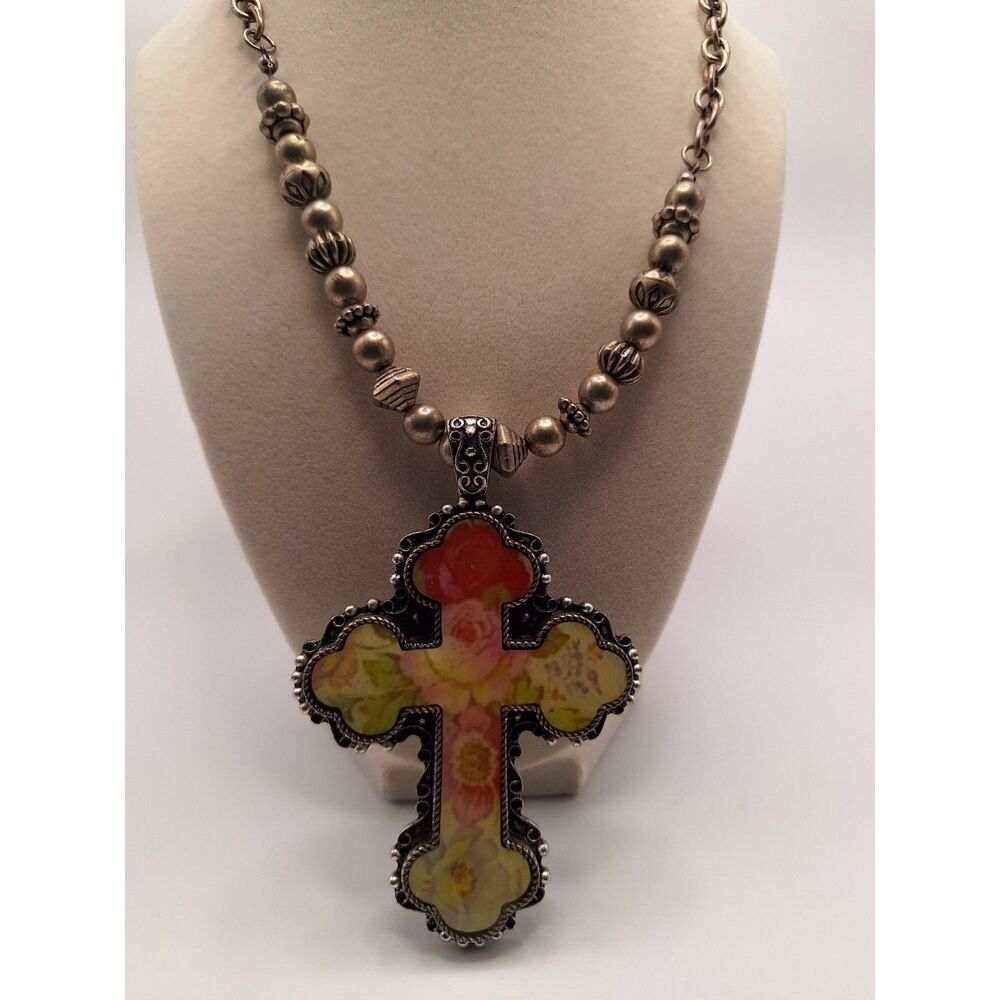 Cross beaded necklace Southwestern yellow red green in silver tone 18 inches